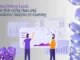 An illustration depicting the intersection of data analysis and online gaming, featuring analysts interacting with charts and graphs, dice, and casino chips.