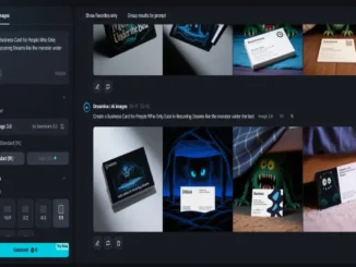 A screenshot of the Dreamina AI image generation platform displaying a prompt to "Create a Business Card for People Who Only Exist in Recurring Dreams like the monster under the bed," along with several AI-generated example business cards featuring surreal and monster-themed designs.