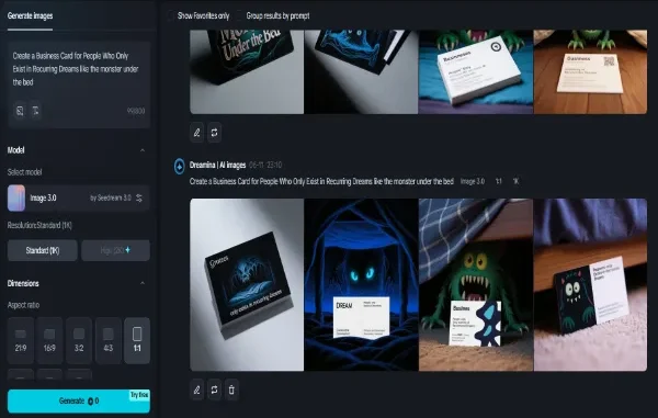 Crafting Dream Business Cards: A Glimpse into Dreamina's AI A screenshot of the Dreamina AI image generation platform displaying a prompt to "Create a Business Card for People Who Only Exist in Recurring Dreams like the monster under the bed," along with several AI-generated example business cards featuring surreal and monster-themed designs.