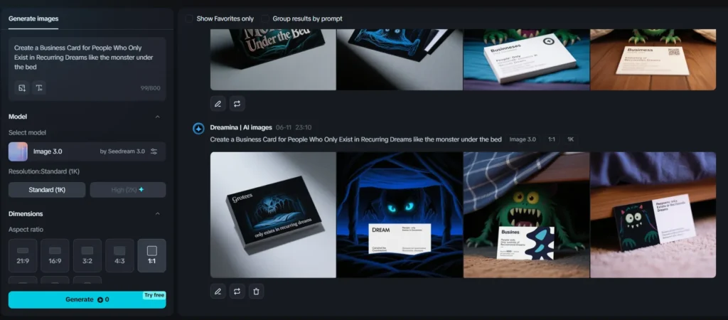 The Dreamina AI platform's interface showing various generated business card designs, some featuring monsters and dark themes, with the input prompt "Create a Business Card for People Who Only Exist in Recurring Dreams like the monster under the bed" visible on the left.