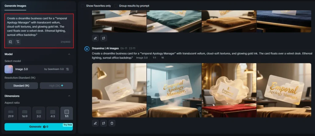 A screenshot of the Dreamina AI image generator showing the input prompt "Create a dreamlike business card for a 'Temporal Apology Manager' with translucent vellum, cloud-soft textures, and glowing gold ink. The card floats over a velvet desk. Ethereal lighting, surreal office backdrop." displayed alongside multiple AI-generated images of such ethereal business cards.