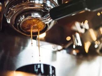 Close-up of espresso being extracted from a portafilter on an espresso machine.