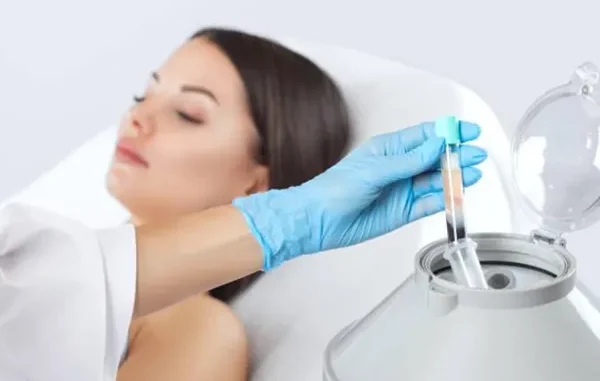 Revitalizing the Eye Area: Exploring Safe and Natural Approaches A person in blue gloves holding a test tube with separated blood plasma, next to a machine, with a patient's face blurred in the background.