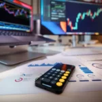 A desk setup with a laptop and a large monitor displaying forex trading charts, along with financial documents, a calculator, and a smartphone, symbolizing financial analysis and partnership opportunities.