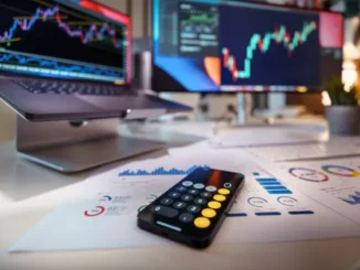 A desk setup with a laptop and a large monitor displaying forex trading charts, along with financial documents, a calculator, and a smartphone, symbolizing financial analysis and partnership opportunities.