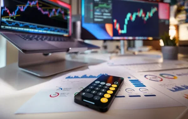 Strategic Tools for Forex Partner Success A desk setup with a laptop and a large monitor displaying forex trading charts, along with financial documents, a calculator, and a smartphone, symbolizing financial analysis and partnership opportunities.