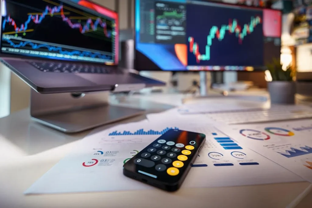 Forex trading charts displayed on a laptop and monitor, accompanied by financial documents and a calculator, illustrating the analytical tools used in forex partnership programs.