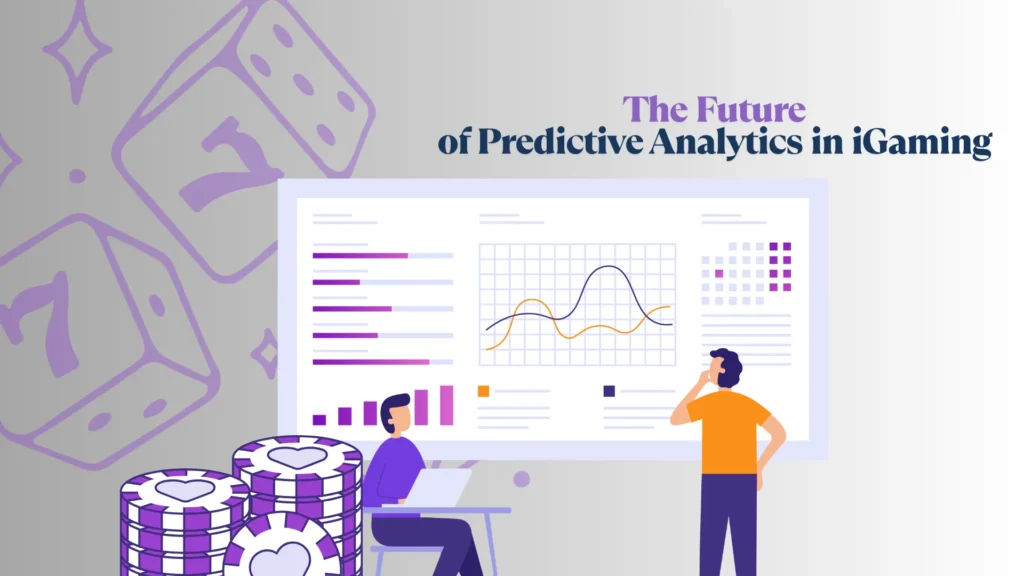 An illustration showing two figures observing a large screen with various data charts and graphs, with oversized dice and casino chips in the background. The title reads "The Future of Predictive Analytics in iGaming."