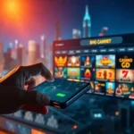 A hand holding a smartphone, with a large, transparent screen in the background displaying the GemBet online casino interface featuring various slot and casino game thumbnails against a futuristic cityscape at night.