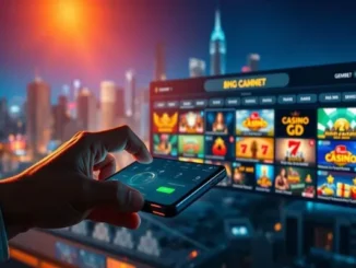 A hand holding a smartphone, with a large, transparent screen in the background displaying the GemBet online casino interface featuring various slot and casino game thumbnails against a futuristic cityscape at night.