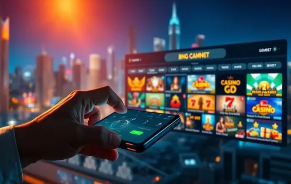 GemBet Online Casino: Your Gateway to Gaming Excitement A hand holding a smartphone, with a large, transparent screen in the background displaying the GemBet online casino interface featuring various slot and casino game thumbnails against a futuristic cityscape at night.