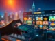 A hand holding a smartphone, with a large, transparent screen in the background displaying the GemBet online casino interface featuring various slot and casino game thumbnails against a futuristic cityscape at night.