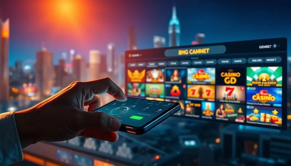 A hand interacts with a laptop displaying a futuristic interface with sound waves and the "GEMBET" logo, while casino slot machines are blurred in the background.