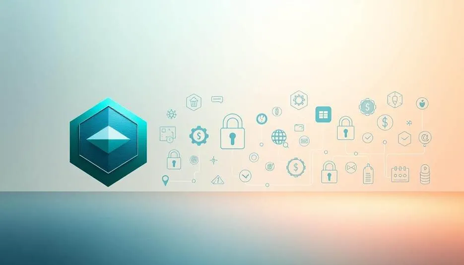 A teal-colored hexagon with a diamond shape inside, set against a background of various light blue and white security and technology-related line icons, symbolizing digital protection and data safety.