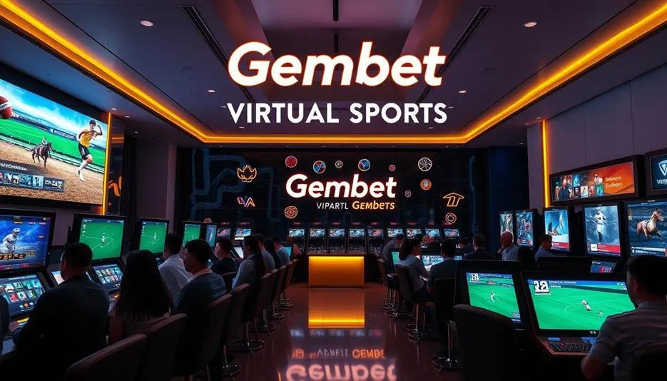 An interior shot of a modern virtual sports betting lounge or internet cafe with multiple individuals seated at computers, engaging in virtual sports and online gaming, under bright "Gembet Virtual Sports" signage.