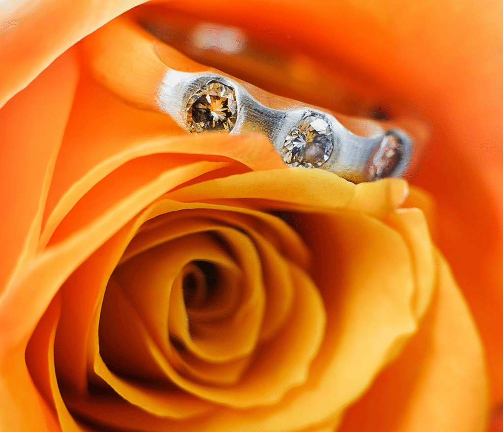 Elegant three-stone diamond engagement ring, featuring round brilliant cuts, beautifully displayed on an orange rose.
