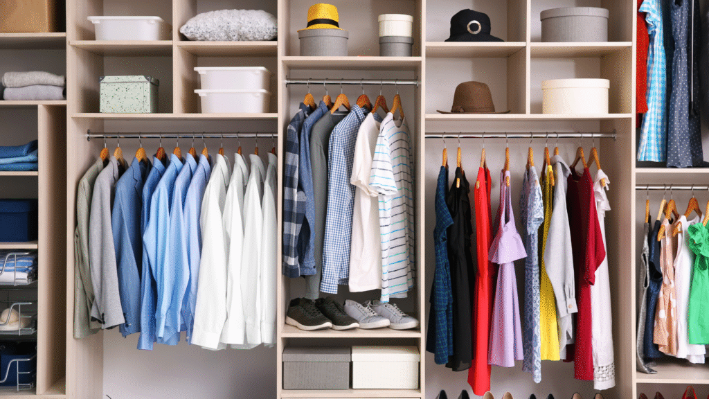Neatly arranged closet featuring a range of clothing styles, including casual shirts, formal wear, and colorful dresses, alongside accessories like hats and organized storage.