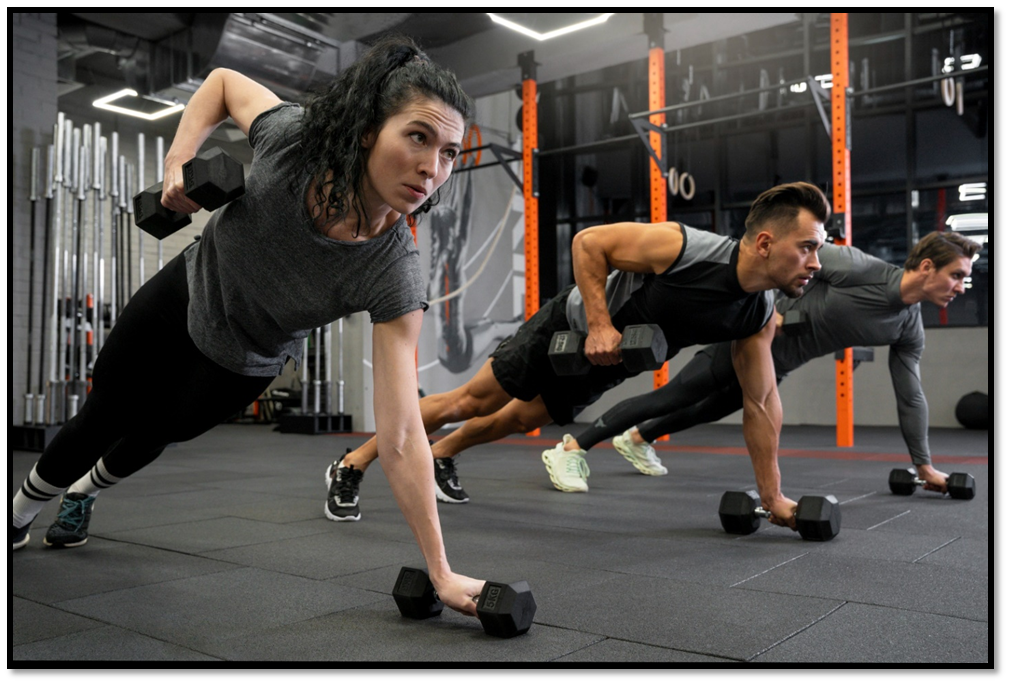 Two individuals performing renegade rows with dumbbells in a gym.