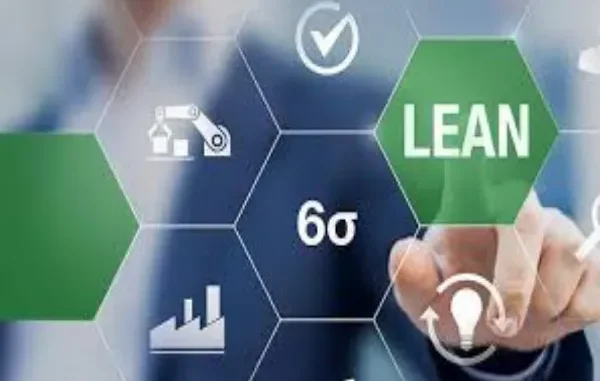 Visualizing Lean Six Sigma: Driving Business Process Improvement A hand touching a virtual screen with interconnected hexagonal icons, one prominently displaying "LEAN" and another "6σ" (Six Sigma), representing the Lean Six Sigma methodology for process improvement.