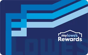 A blue Lowe's Advantage credit card with "Lowe's advantage" and "VALUED CUSTOMER" text, along with a 5% discount symbol.