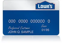 A blue and white Lowe's Advantage Card credit card with "Preferred Customer" and a generic name.