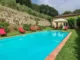 A vibrant blue swimming pool surrounded by a green lawn, red lounge chairs, and a traditional Tuscan villa with a stone wall and trees behind it.