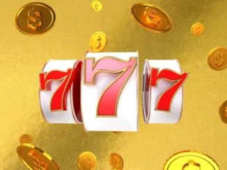 A 3D rendering of a slot machine showing three red sevens, surrounded by golden dollar coins on a golden background.