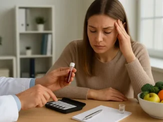 A concerned woman listening to a doctor who is holding a blood sample vial and pointing at a calculator or small device, discussing potential nutritional deficiencies.