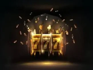 A glowing golden slot machine displaying three sevens (777) with coins spinning around it on a dark background, representing online slots and potential winnings.