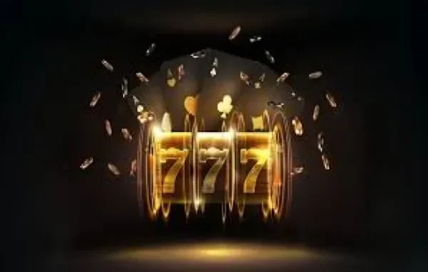 Personalized Slot Strategy with Data Analytics A glowing golden slot machine displaying three sevens (777) with coins spinning around it on a dark background, representing online slots and potential winnings.