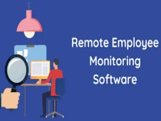 A hand holding a magnifying glass observes a remote employee working at a desk with a computer, under a desk lamp, illustrating remote employee monitoring.
