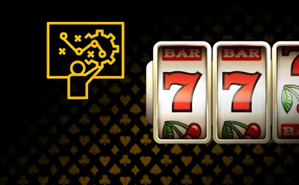 A visual representation of a slot machine with the reels displaying "BAR 77" and "cherry" symbols, alongside a yellow outline icon depicting a person interacting with a data analysis chart or system, signifying strategic play in slots.