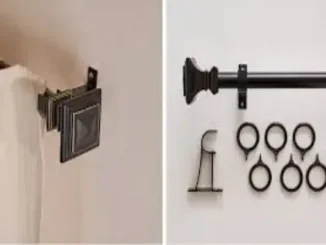 On the left, a square oil-rubbed bronze curtain rod with a decorative finial is installed, holding a white curtain. On the right, a complete set of black curtain rod hardware is displayed, including the rod, brackets, and several rings.