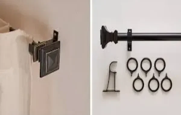 Square Oil-Rubbed Bronze Curtain Rod Set and Components On the left, a square oil-rubbed bronze curtain rod with a decorative finial is installed, holding a white curtain. On the right, a complete set of black curtain rod hardware is displayed, including the rod, brackets, and several rings.