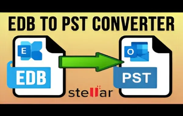 Stellar Converter for EDB: Your Solution for Export-Mailbox Errors Stellar EDB to PST Converter transforming an EDB file into a PST file, illustrating the solution for export mailbox errors.