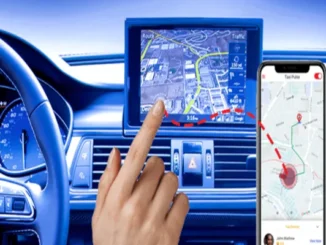 A hand touching a car's dashboard display showing a navigation map, with a smartphone displaying a taxi dispatch app and route overlay to the right.