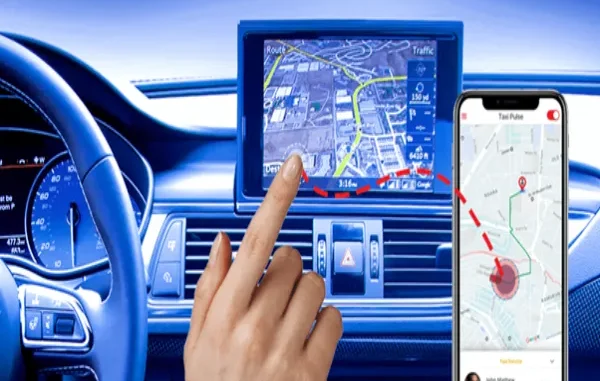 Integrated Navigation & Taxi Dispatch Systems A hand touching a car's dashboard display showing a navigation map, with a smartphone displaying a taxi dispatch app and route overlay to the right.