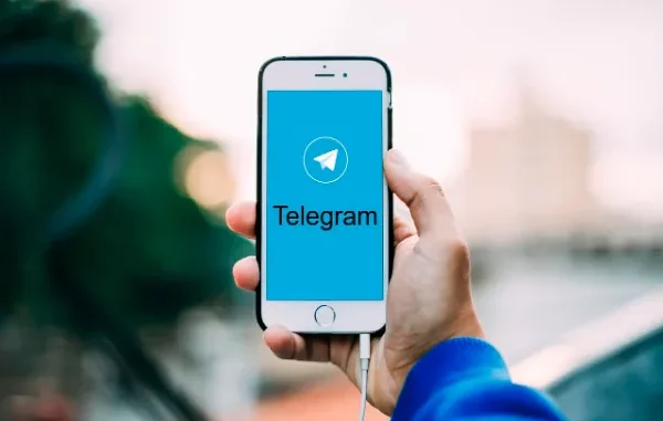 A hand holds a smartphone displaying the Telegram app logo and name on a blue screen, with a blurred outdoor background.
