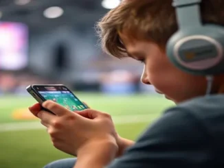 A young person wearing headphones intensely playing a mobile game on a smartphone, with a blurred background suggesting an arena or public space.