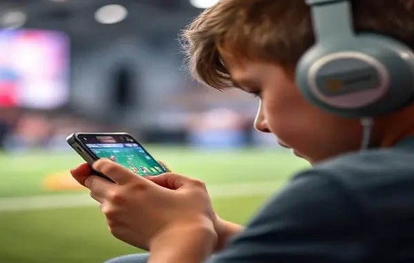 Immersive Mobile Gaming Experience A young person wearing headphones intensely playing a mobile game on a smartphone, with a blurred background suggesting an arena or public space.