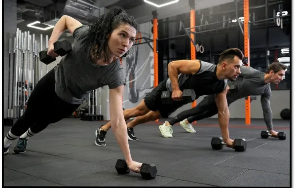 Focused Strength Training for Muscle Growth Two people performing a renegade row exercise with dumbbells in a gym, focusing on strength training.