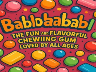 A vibrant, cartoon-style illustration featuring an assortment of colorful bubble gum pieces and rectangular chewing gum sticks scattered across a red background. The large, playful text "Bablbabldabl" is prominent in the center, with smaller text below reading "THE FUN AND FLAVORFUL CHEWING GUM LOVED BY ALL AGES.