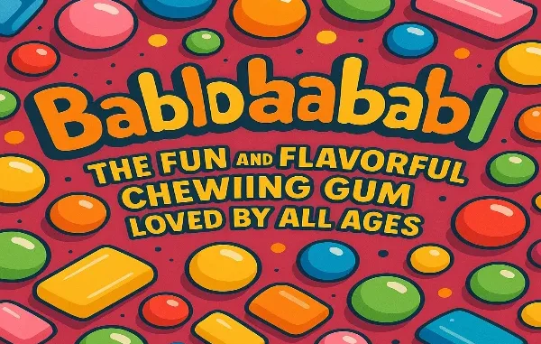 A vibrant, cartoon-style illustration featuring an assortment of colorful bubble gum pieces and rectangular chewing gum sticks scattered across a red background. The large, playful text "Bablbabldabl" is prominent in the center, with smaller text below reading "THE FUN AND FLAVORFUL CHEWING GUM LOVED BY ALL AGES.