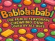A vibrant, cartoon-style illustration featuring an assortment of colorful bubble gum pieces and rectangular chewing gum sticks scattered across a red background. The large, playful text "Bablbabldabl" is prominent in the center, with smaller text below reading "THE FUN AND FLAVORFUL CHEWING GUM LOVED BY ALL AGES.