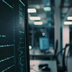 A close-up of a computer screen displaying lines of code in a dimly lit, modern office environment with other blurred computer workstations in the background, suggesting the technological underpinnings of treasury management software.