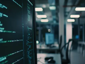 A close-up of a computer screen displaying lines of code in a dimly lit, modern office environment with other blurred computer workstations in the background, suggesting the technological underpinnings of treasury management software.