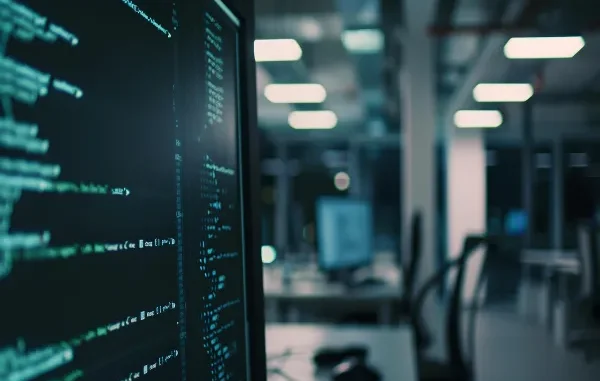 A close-up of a computer screen displaying lines of code in a dimly lit, modern office environment with other blurred computer workstations in the background, suggesting the technological underpinnings of treasury management software.