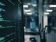 A close-up of a computer screen displaying lines of code in a dimly lit, modern office environment with other blurred computer workstations in the background, suggesting the technological underpinnings of treasury management software.