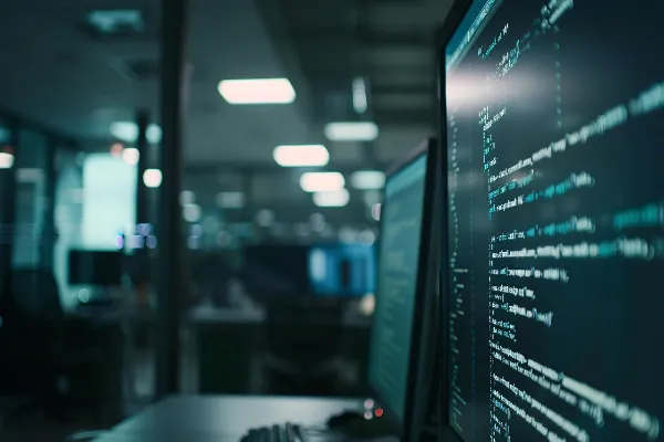 A close-up side view of a computer monitor displaying lines of glowing blue-green code against a dark background, with a blurred modern office environment in the distance, symbolizing the intricate software and data driving financial management.