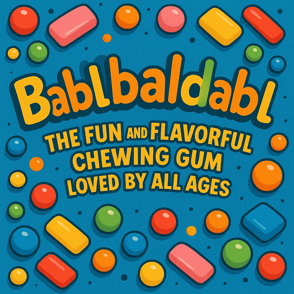 A playful, cartoon illustration featuring a variety of colorful bubble gum balls and rectangular gum sticks scattered across a bright blue background. The large, bold text "Bablbabldabl" is prominently displayed in the center, with the slogan "THE FUN AND FLAVORFUL CHEWING GUM LOVED BY ALL AGES" in smaller text below it.